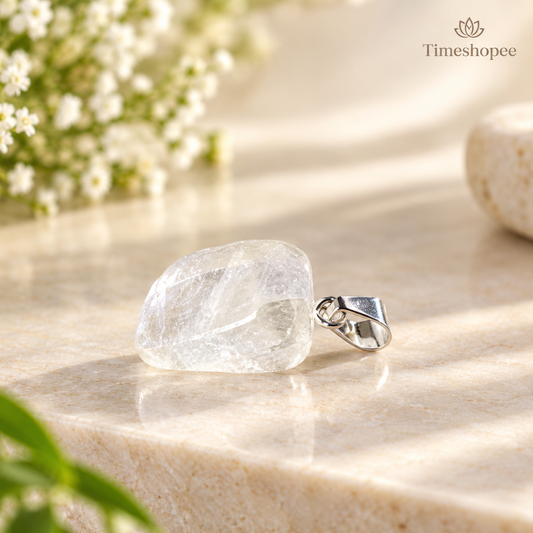 Crystal Quartz Pendant Rough Raw Stone with Chain, Lab Certified, available at Timeshopee