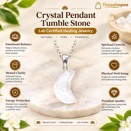 Crystal pendant tumble stone with free silver-plated chain, lab certified