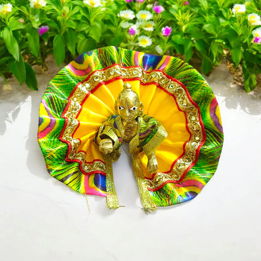 Designer peacock style Laddu Gopal dress for Size 1 No., featuring intricate peacock feather patterns, ideal for daily pooja and festivals.