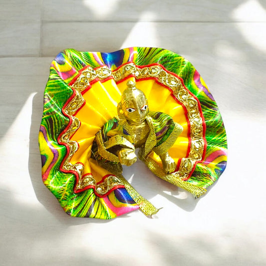 Designer peacock style Laddu Gopal dress for Size 1 No., featuring intricate peacock feather patterns, ideal for daily pooja and festivals.