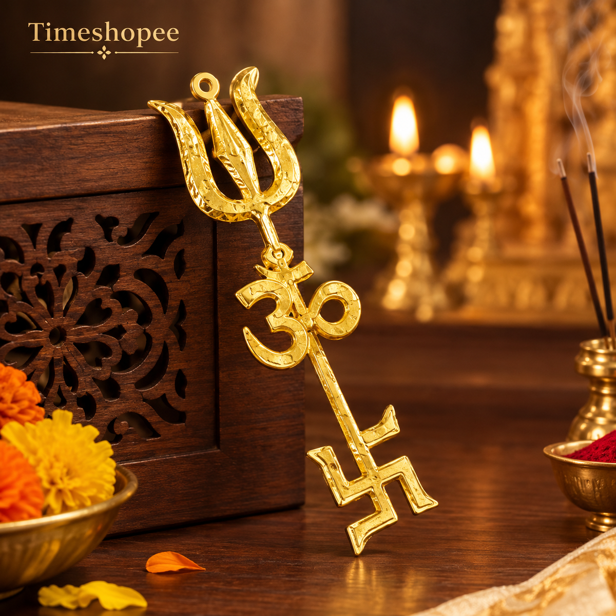 Gold Plated Trishakti Wall Hanging Set | Lord Shiva Trishul, Om, Swastik | Timeshopee