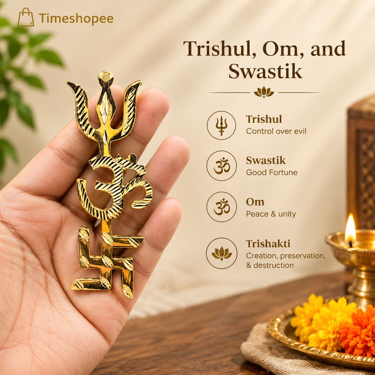 Gold Plated Trishakti Wall Hanging Set | Lord Shiva Trishul, Om, Swastik | Timeshopee