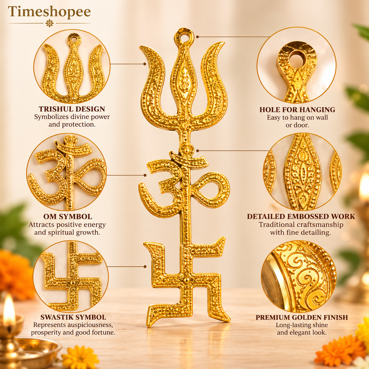 Gold Plated Trishakti Wall Hanging Set | Lord Shiva Trishul, Om, Swastik | Timeshopee