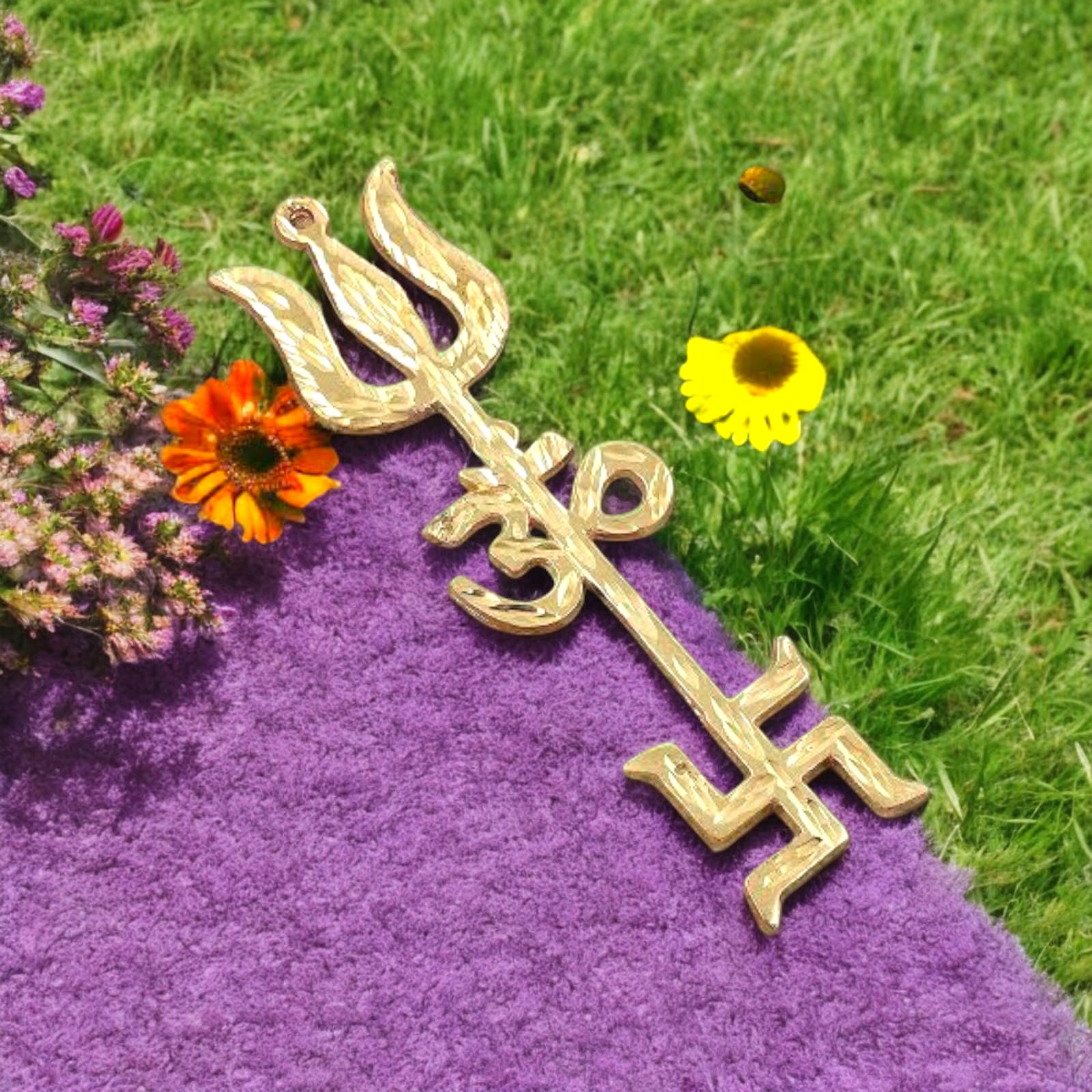 Gold Plated Trishakti Wall Hanging Set | Lord Shiva Trishul, Om, Swastik | Timeshopee