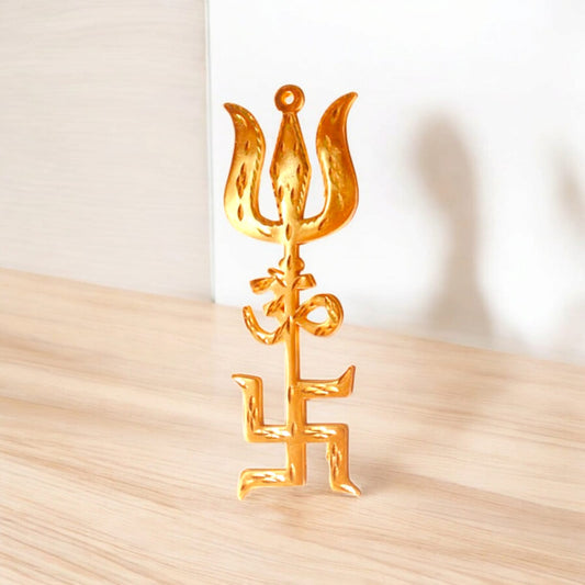 Gold Plated Trishakti Wall Hanging Set | Lord Shiva Trishul, Om, Swastik | Timeshopee