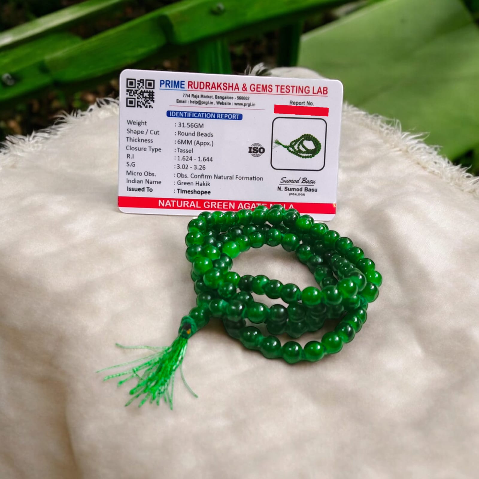 Green Agate Mala with 6MM beads and 108+1 bead count, lab-certified for authenticity, shown in a detailed close-up view.