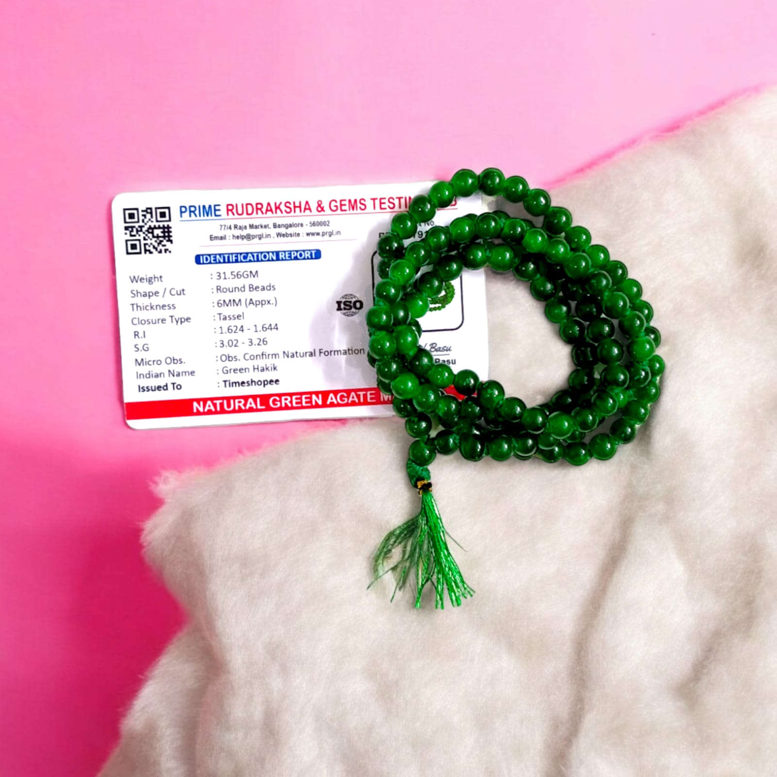 Green Agate Mala with 6MM beads and 108+1 bead count, lab-certified for authenticity, shown in a detailed close-up view.