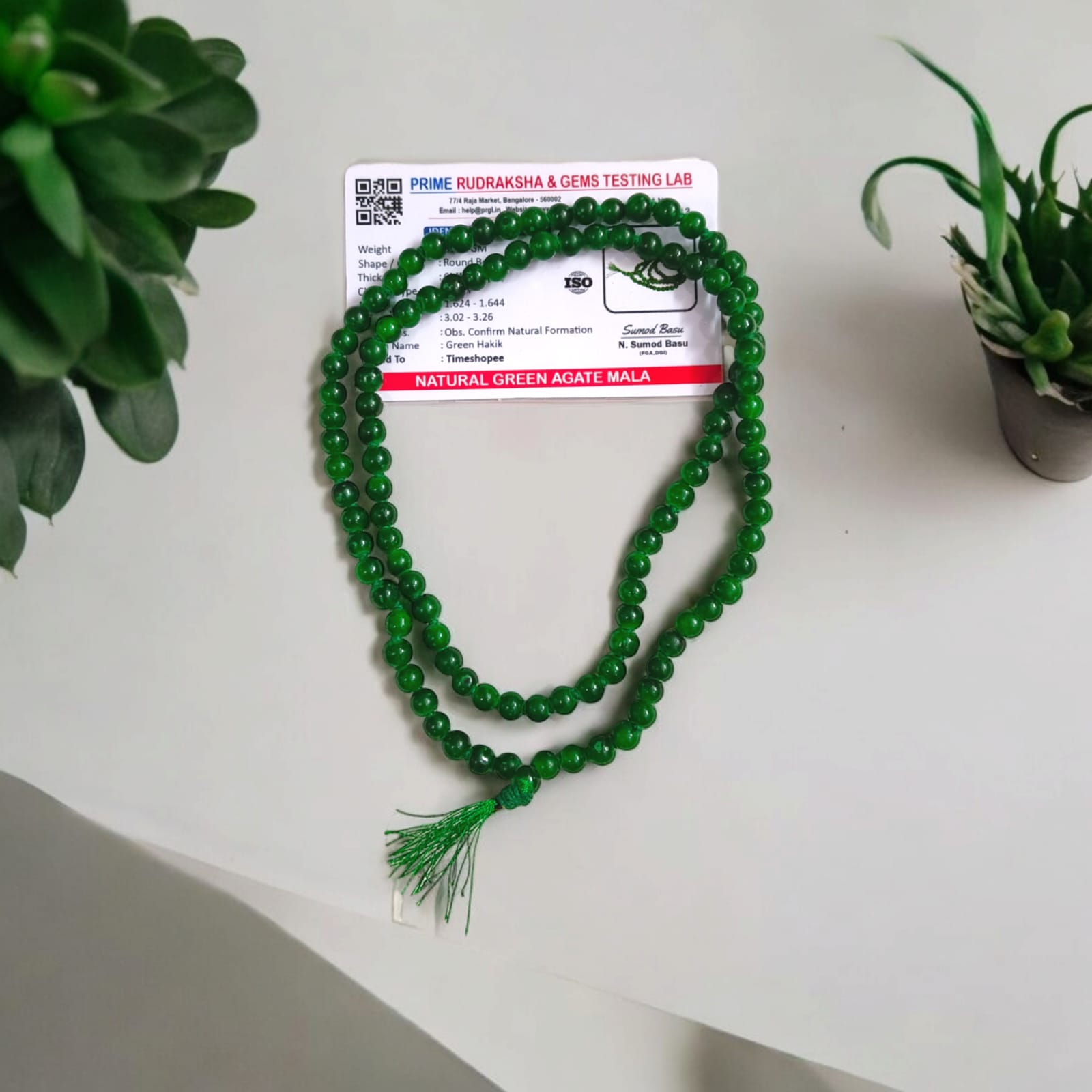 Green Agate Mala with 6MM beads and 108+1 bead count, lab-certified for authenticity, shown in a detailed close-up view.