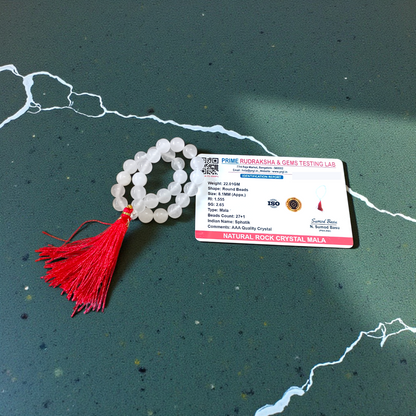 High-quality Crystal (Sphatik) Mala with 108+1 transparent 8MM beads, ideal for meditation and spiritual healing, displayed on a white background