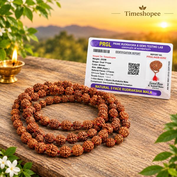 High-quality image of 3 Mukhi Rudraksha Mala in 27+1 and 108+1 bead variants, handcrafted and spiritually energized, displayed with a clean spiritual background.
