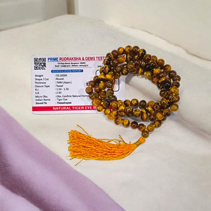 High-quality image of Tiger Eye Mala with natural golden-brown stone beads arranged in a traditional mala style