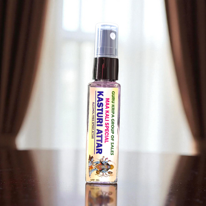 Image of Kasturi Attar 25ml bottle labeled as Maa Kali Special Spray Attar – an alcohol-free, long-lasting spiritual fragrance ideal for meditation and puja