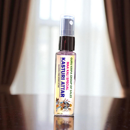 Image of Kasturi Attar 25ml bottle labeled as Maa Kali Special Spray Attar – an alcohol-free, long-lasting spiritual fragrance ideal for meditation and puja
