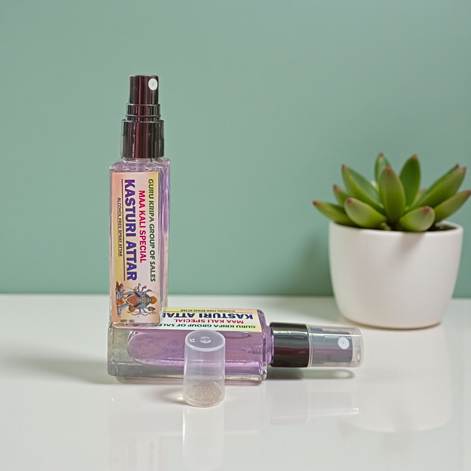 Image of Kasturi Attar 25ml bottle labeled as Maa Kali Special Spray Attar – an alcohol-free, long-lasting spiritual fragrance ideal for meditation and puja