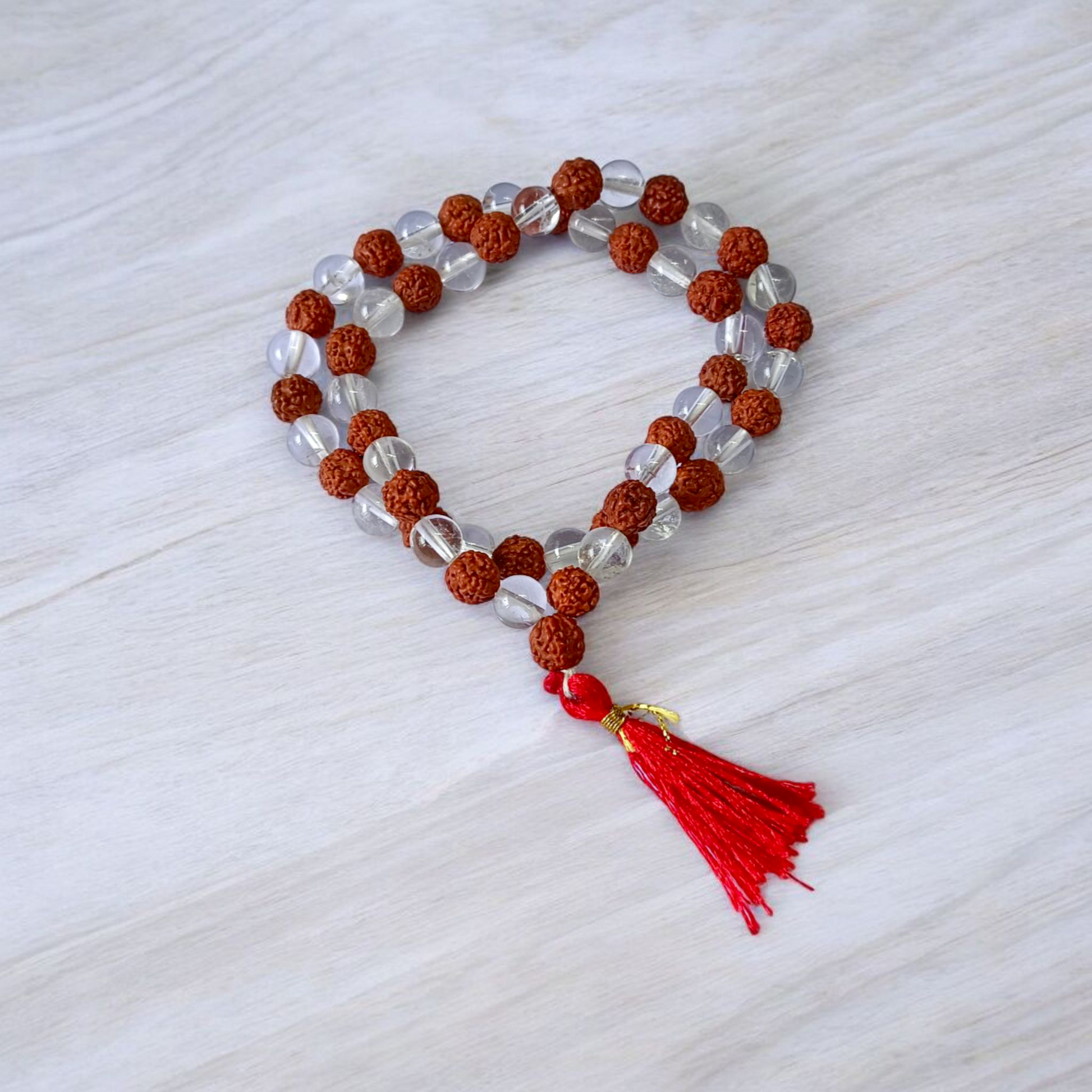 Image of Natural Rudraksha and Sphatik Mala with 54+1 beads (7-8mm), hand-knotted, lab-certified, offered by Timeshopee - Online Religious Store