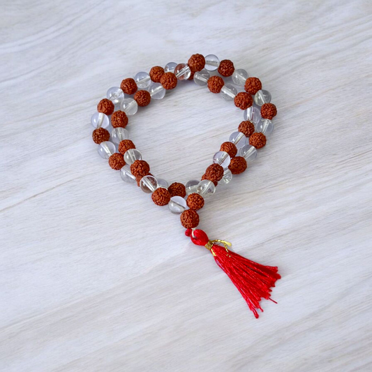 Image of Natural Rudraksha and Sphatik Mala with 54+1 beads (7-8mm), hand-knotted, lab-certified, offered by Timeshopee - Online Religious Store