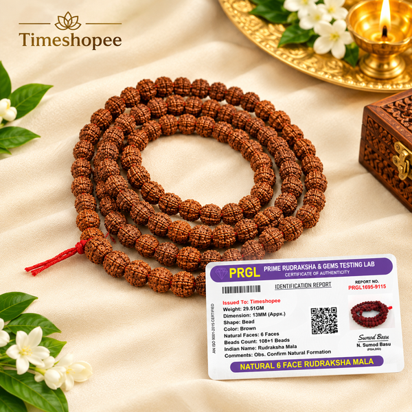 Image of a Lab Certified 6 Mukhi Rudraksha Mala from Timeshopee, available in 27+1 and 108+1 bead variants, used for meditation and spiritual purposes.