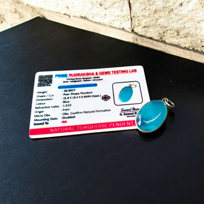 Image of a handcrafted, lab-certified original turquoise (Firoza) pendant designed for healing, meditation, and daily wear