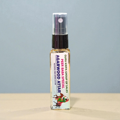 Image showing a 25ML bottle of Peer Baba Agarwood Spray Attar with elegant packaging, labeled as alcohol-free and long-lasting fragrance