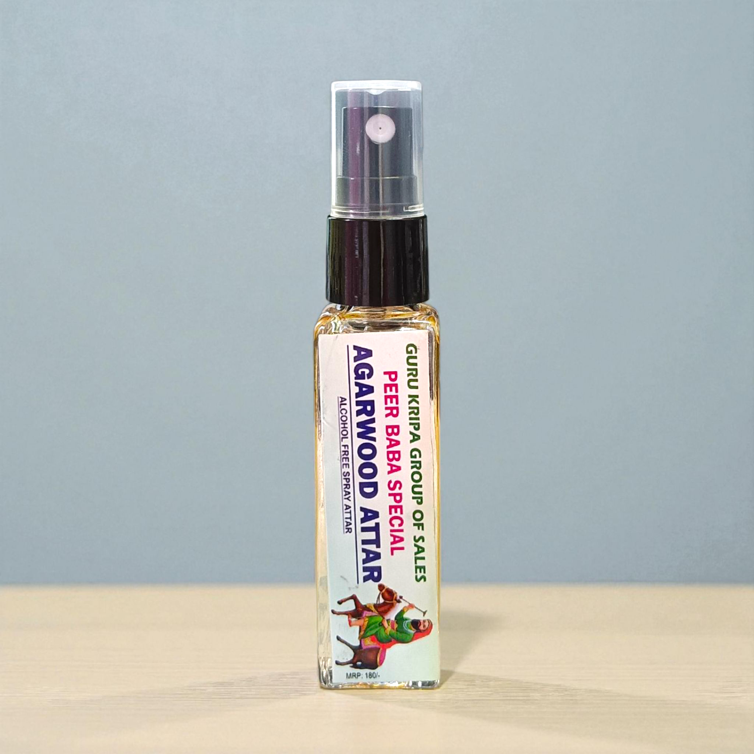 Image showing a 25ML bottle of Peer Baba Agarwood Spray Attar with elegant packaging, labeled as alcohol-free and long-lasting fragrance