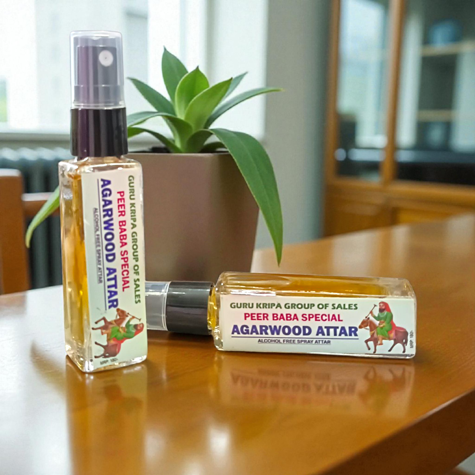 Image showing a 25ML bottle of Peer Baba Agarwood Spray Attar with elegant packaging, labeled as alcohol-free and long-lasting fragrance
