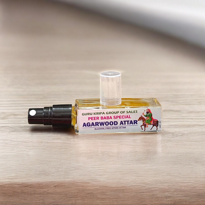 Image showing a 25ML bottle of Peer Baba Agarwood Spray Attar with elegant packaging, labeled as alcohol-free and long-lasting fragrance