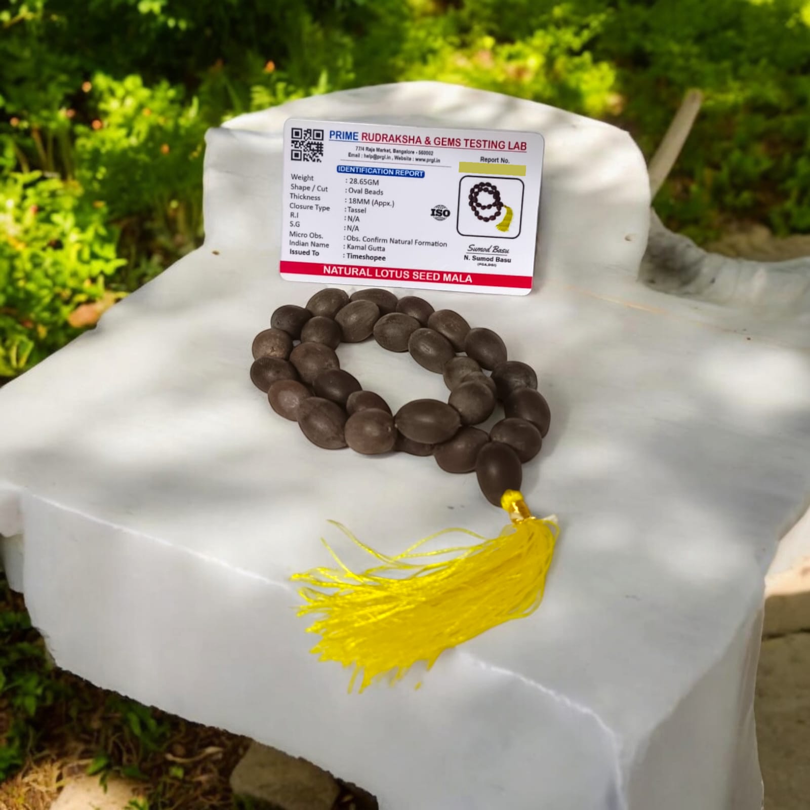 Kamal Gutta Mala made from lab-certified lotus seeds, featuring 27+1 beads, suitable for chanting mantras in car, office, or while traveling.