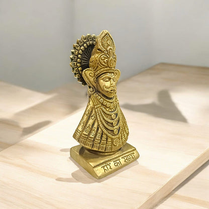 Khatu Shyam Ji Brass Murti, 5 inches tall, 3 inches wide, 675 grams, ideal for worship and spiritual practices, available from Timeshopee.