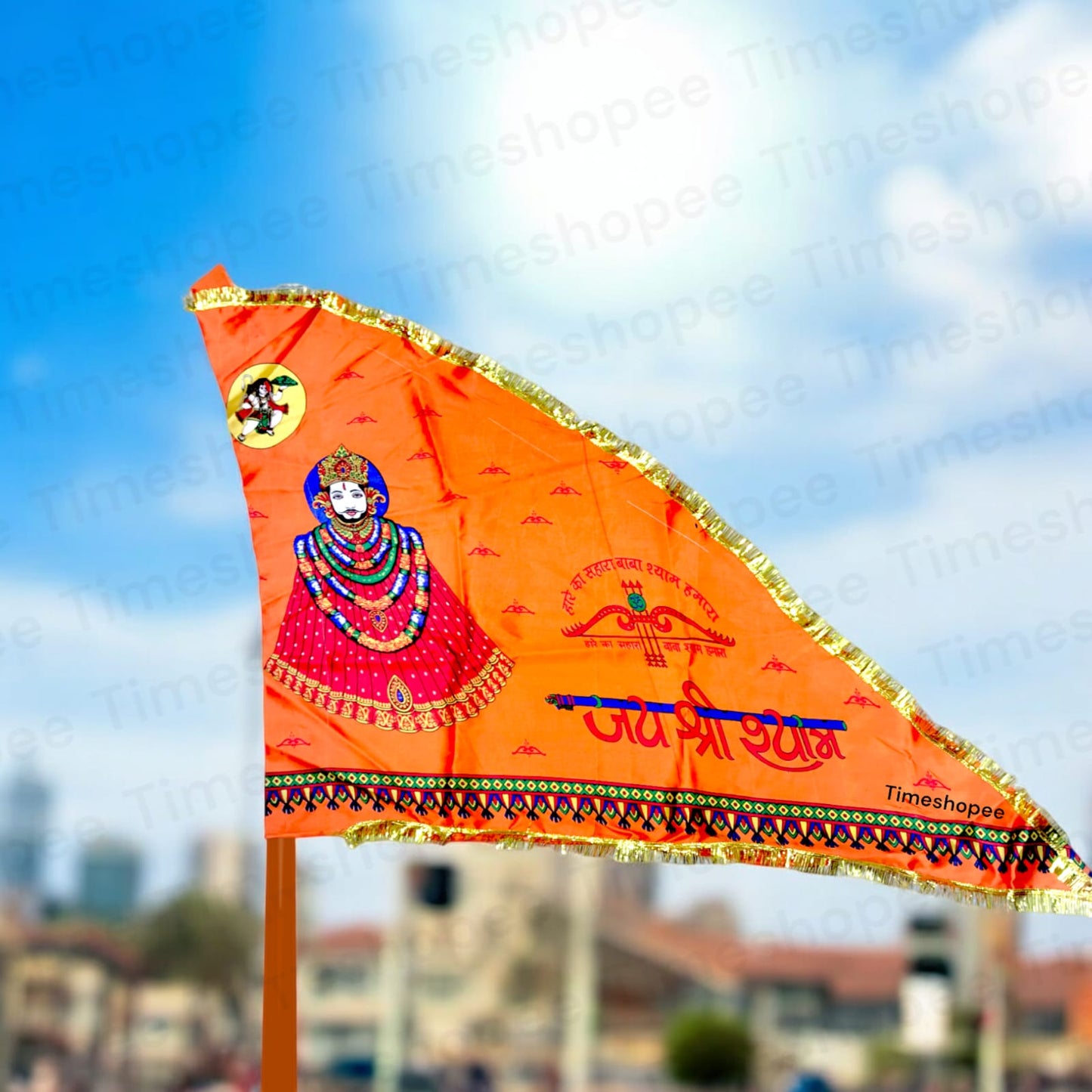 Khatu Shyam Ji Flag in orange, size 40"X60", with "Jai Shri Shyam" inscription, available at Timeshopee for worship and decoration.