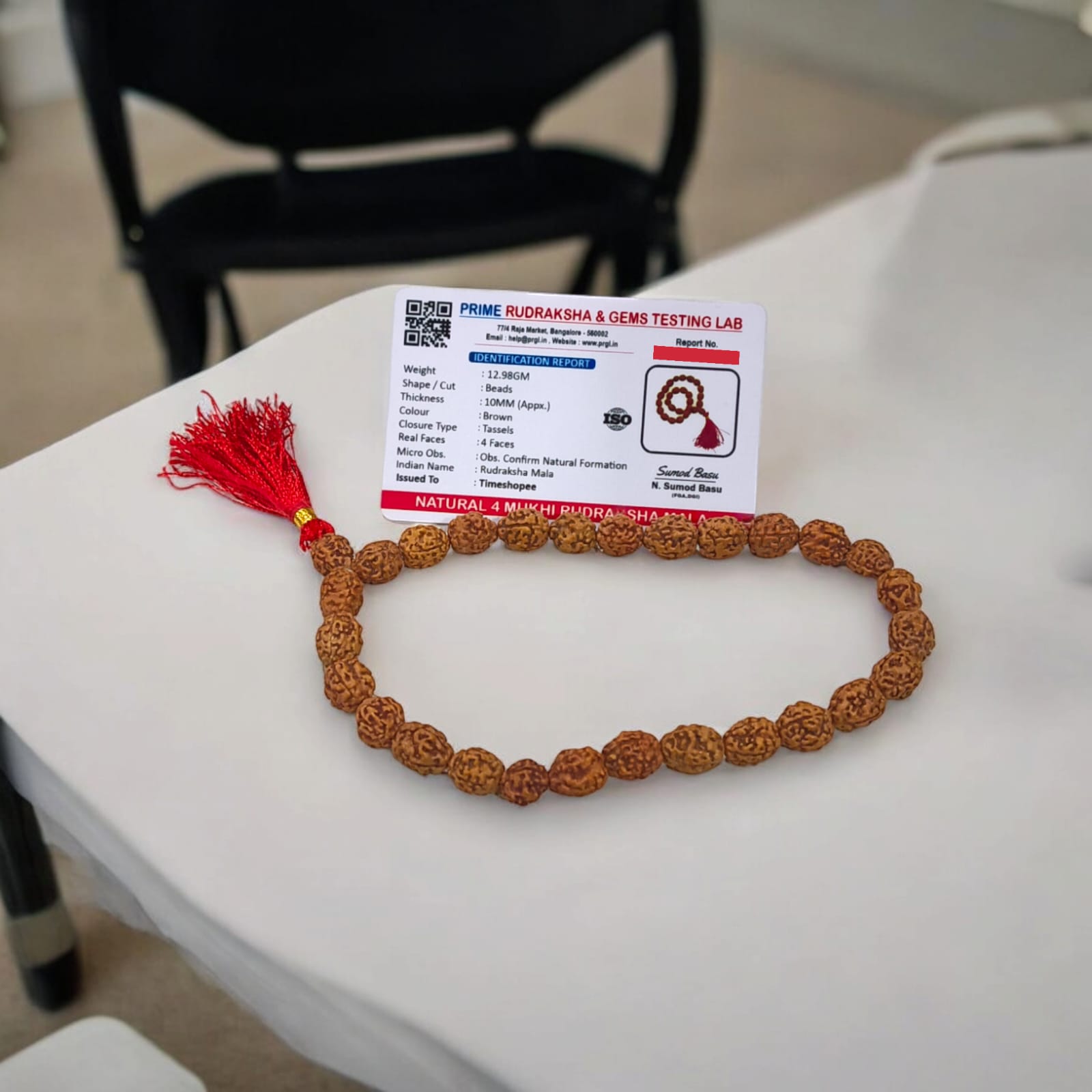 Lab-certified 4 Mukhi Rudraksha Mala with 27+1 natural 10MM beads for enhancing knowledge and wisdom.