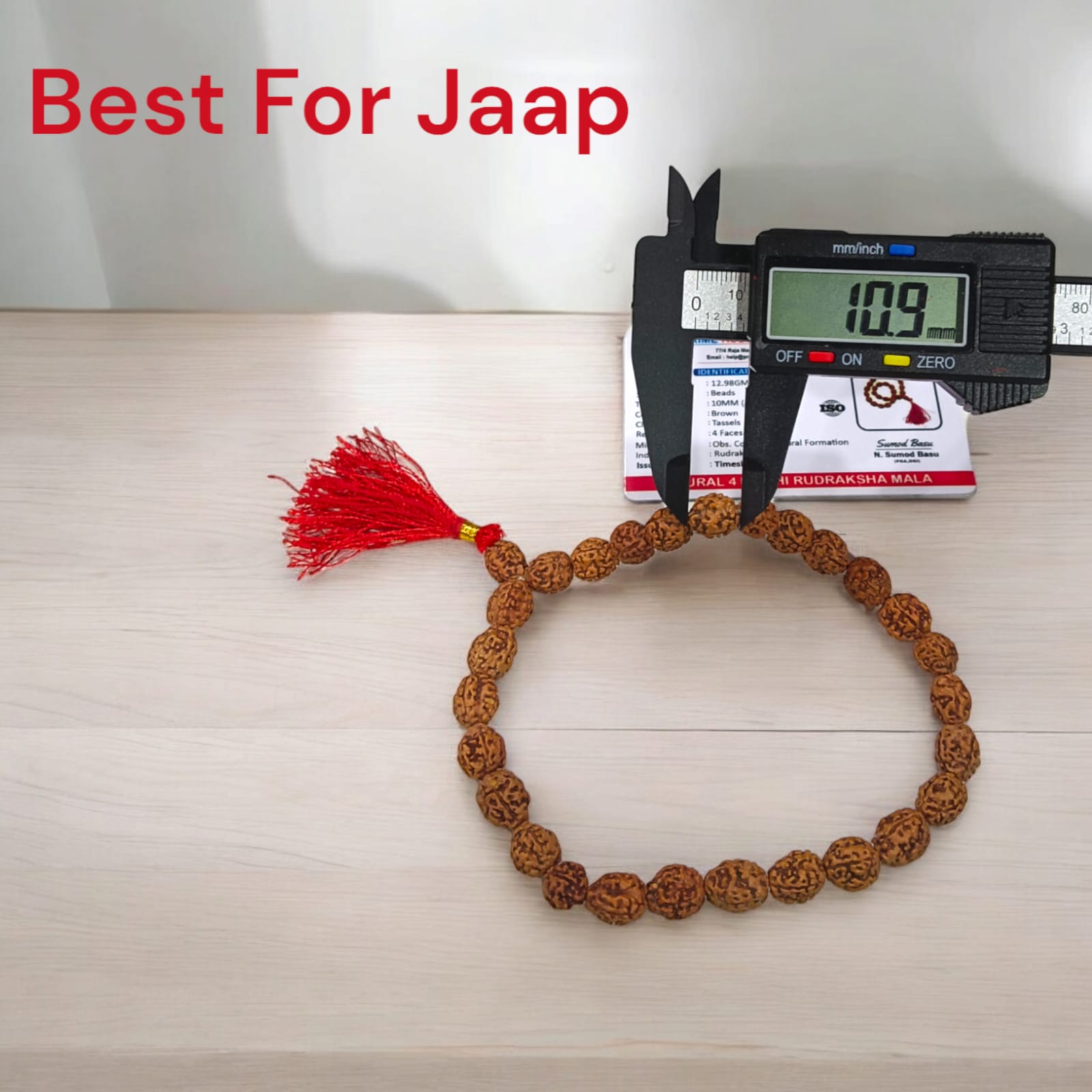 Lab-certified 4 Mukhi Rudraksha Mala with 27+1 natural 10MM beads for enhancing knowledge and wisdom.