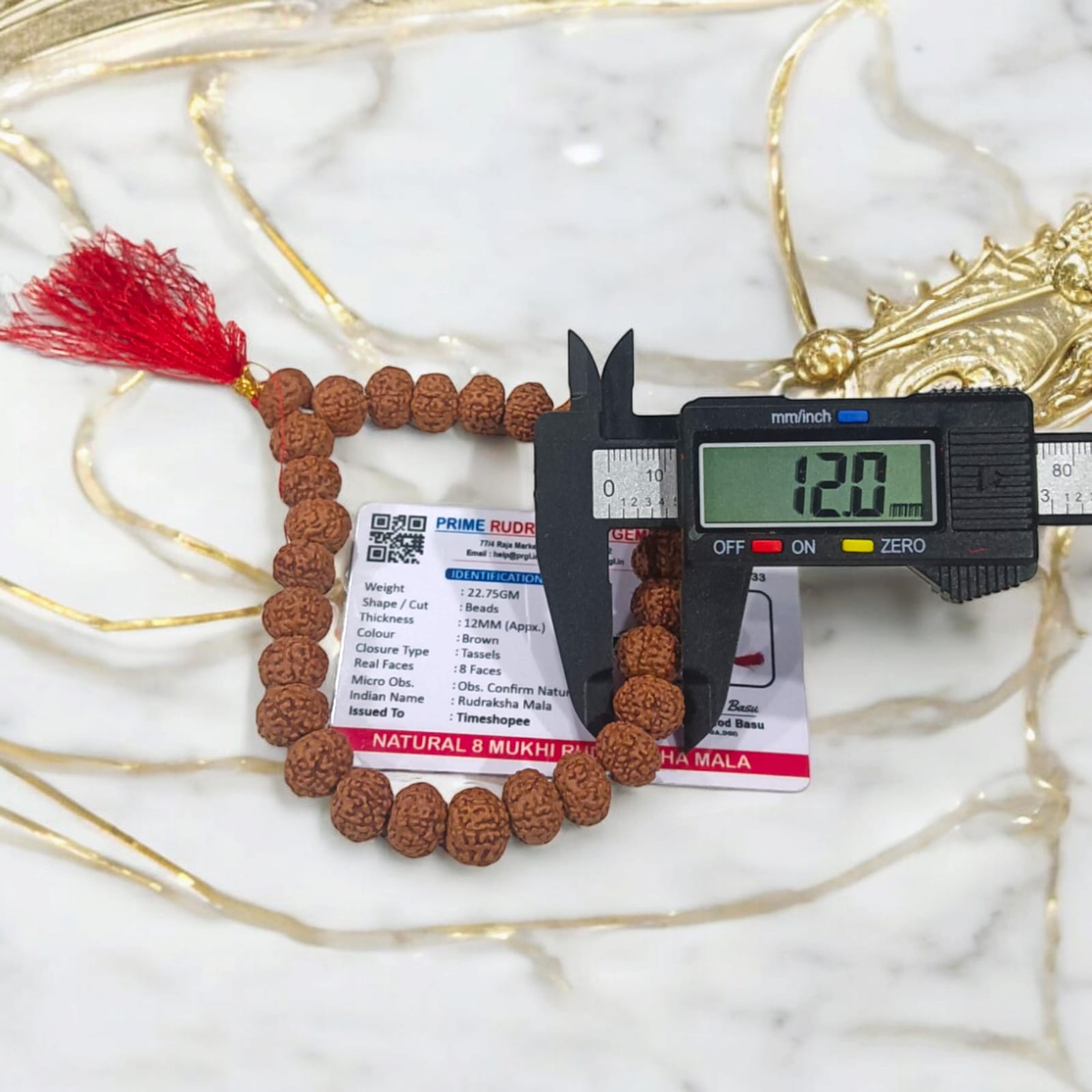 Lab-certified 8 Mukhi Rudraksha Mala with 27+1 natural 12MM beads for success, focus, and spiritual growth.