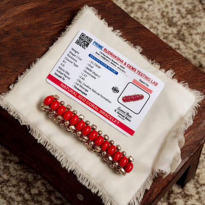 Lab-certified Lal Moonga bracelet with 8MM Red Coral beads and rose gold metal accents, stretchable for a premium, stylish look designed by Timeshopee.