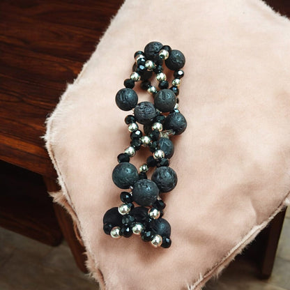 Lab-certified Lava Bracelet with 8MM lava beads and black and silver metal accents, stretchable for a sleek, premium look, designed by Timeshopee.