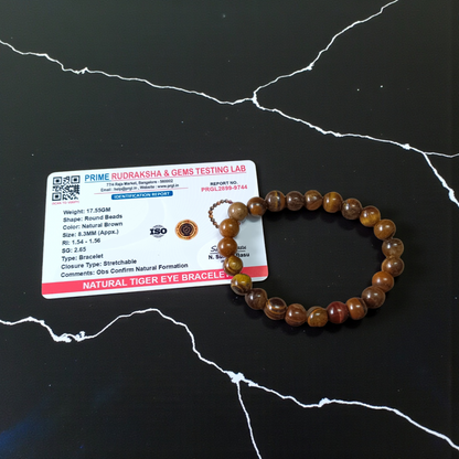 Lab-certified Tiger Eye Bracelet with 8MM natural golden-brown beads, stretchable design for focus, courage, and energy protection