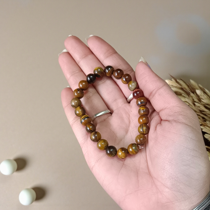 Lab-certified Tiger Eye Bracelet with 8MM natural golden-brown beads, stretchable design for focus, courage, and energy protection