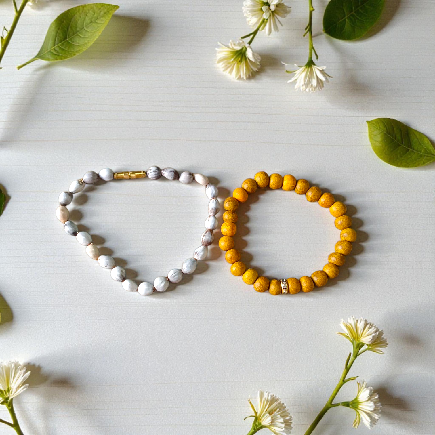 Lab-certified combo of Vaijanti and Haldi Bracelets with natural sacred beads, stretchable design for spiritual use and rituals