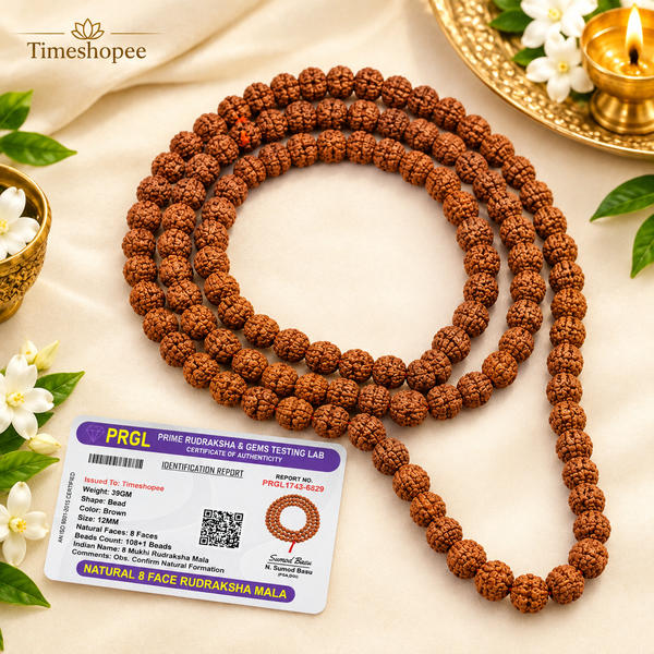 Lab Certified 8 Mukhi Rudraksha Mala in 27+1 and 108+1 Bead Variants from Timeshopee