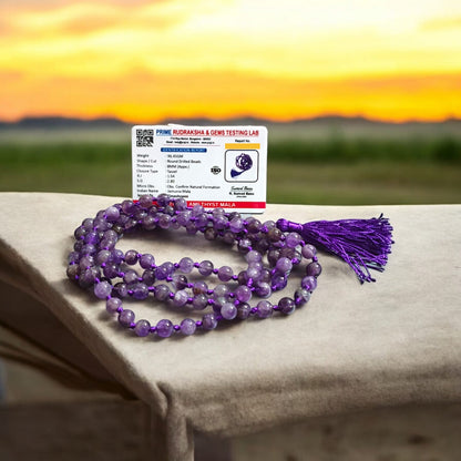 Lab Certified Amethyst Mala 108+1 Beads 8MM for Meditation Healing Spiritual Growth and Chakra Balancing