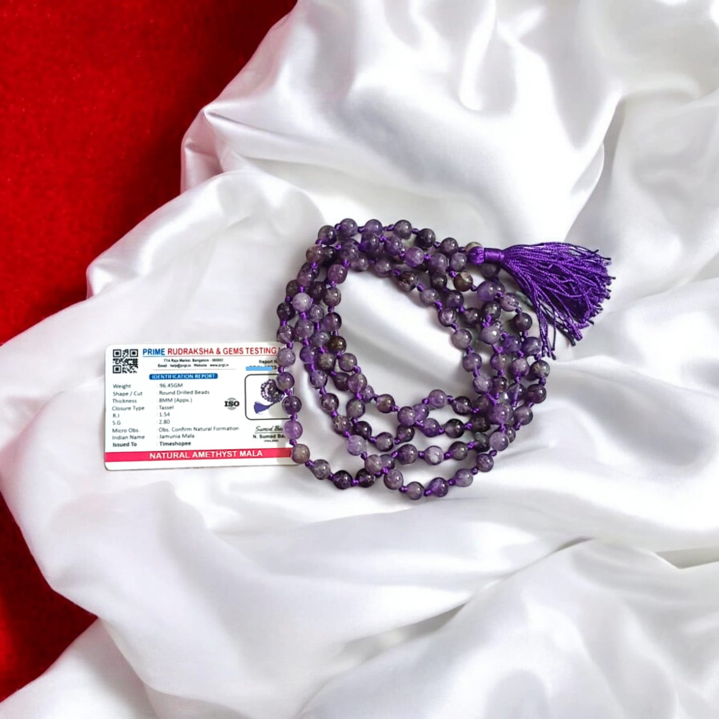 Lab Certified Amethyst Mala 108+1 Beads 8MM for Meditation Healing Spiritual Growth and Chakra Balancing