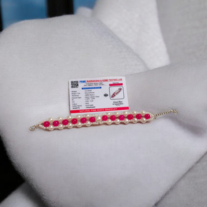 Lab Certified Genuine Pink Agate Bracelet with 8MM beads and pearls, adjustable lobster clasp, perfect for attraction, love, and spiritual strength.