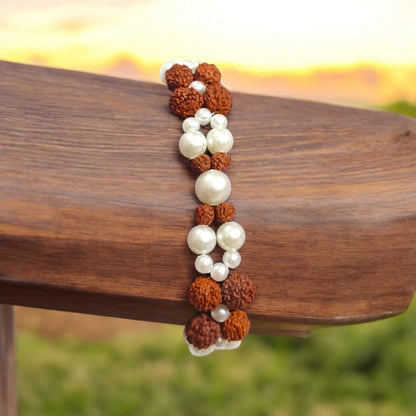 Lab Certified Genuine Rudraksha & Pearl Bracelet with 5-10MM beads and pearls, adjustable lobster clasp, perfect for spiritual balance and premium styling.