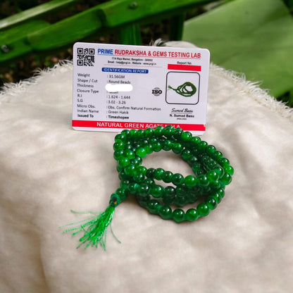 Lab Certified Green Agate Mala with 8MM Natural Beads in 27+1 and 108+1 variants for meditation and healing