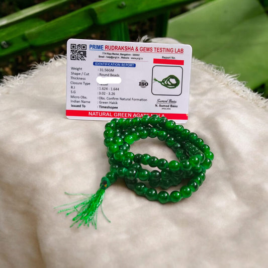 Lab Certified Green Agate Mala with 8MM Natural Beads in 27+1 and 108+1 variants for meditation and healing