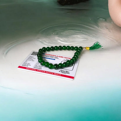 Lab Certified Green Agate Mala with 8MM Natural Beads in 27+1 and 108+1 variants for meditation and healing
