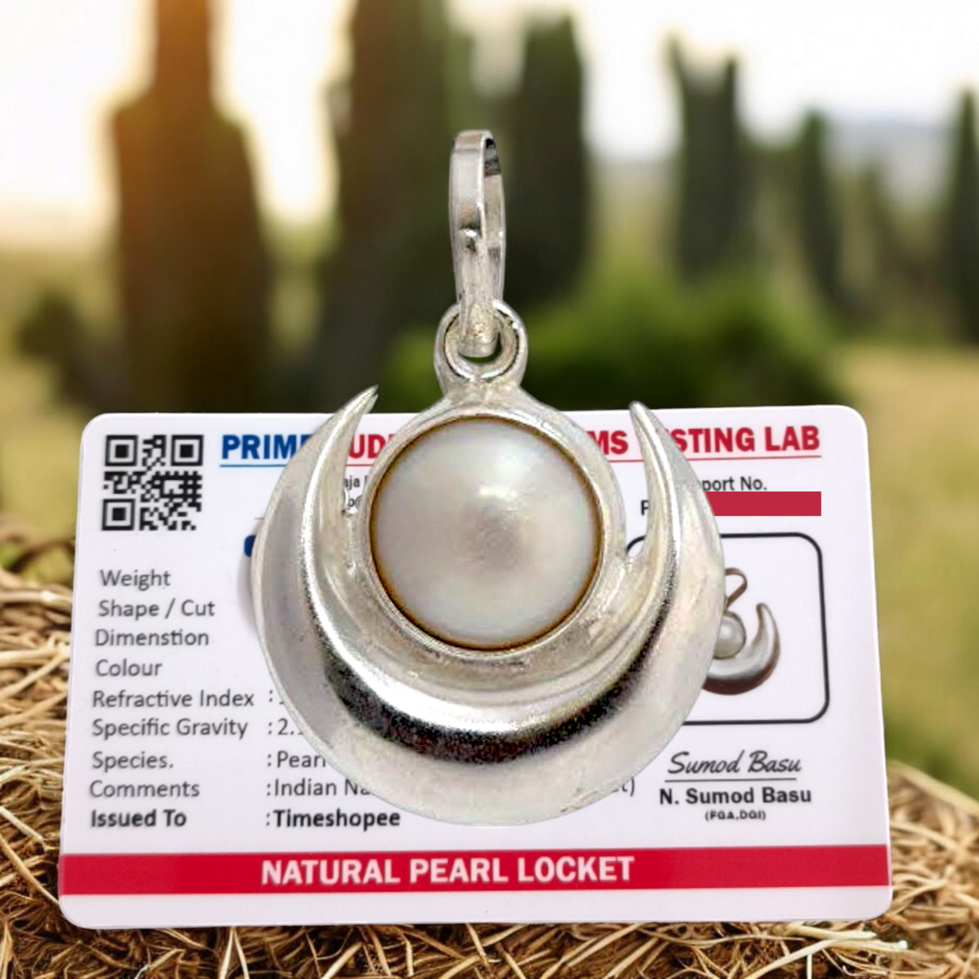 Lab Certified Pearl Moon Pendant with Moti Chandra Gemstone in Silver