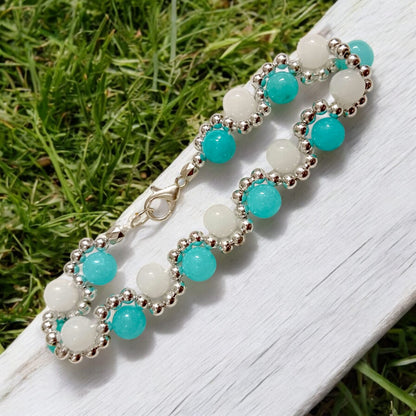 Lab Certified White Agate and Blue Chalcedony Bracelet with 8MM beads, silver bead accents, adjustable lobster clasp, stylish design for balance and peace.