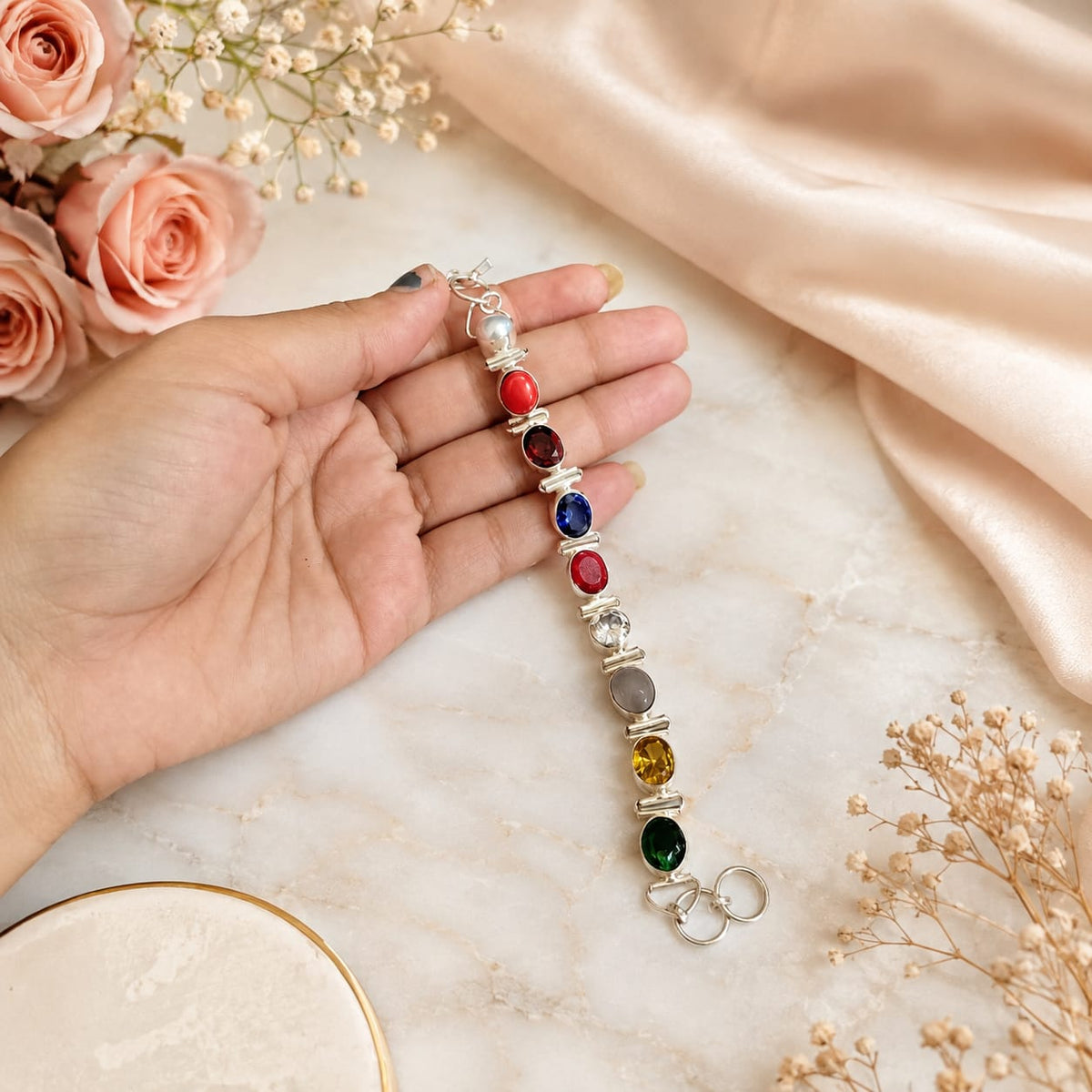 Lab certified multicolor Navratan Navgrah bracelet with nine gemstone colors