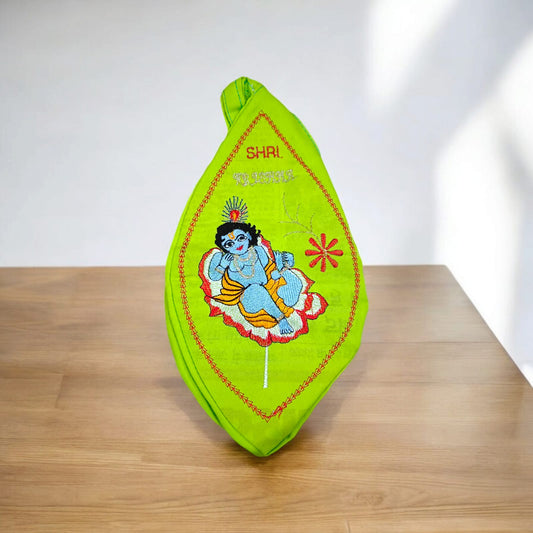 Laddu Gopal Cotton Japa Mala Bag with Gomukhi design, dimensions 25.4 x 12.7 x 2.5 cm, lightweight, available at Timeshopee.