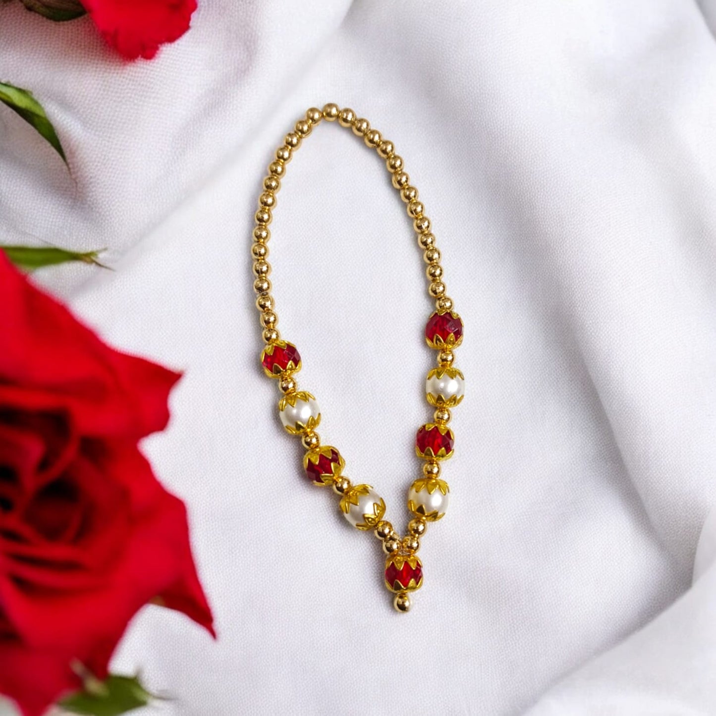 Laddu Gopal Mala with Pearl and Zircon beads in red, white, and golden colors by Timeshopee